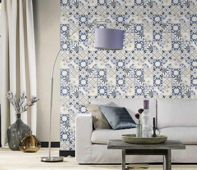 Fliesenoptik Blau Creme - Rasch Vlies-Tapete Fototapete